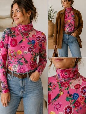Get Crooked Pink Floral Bird Print Turtleneck Long Sleeve Top Size XL